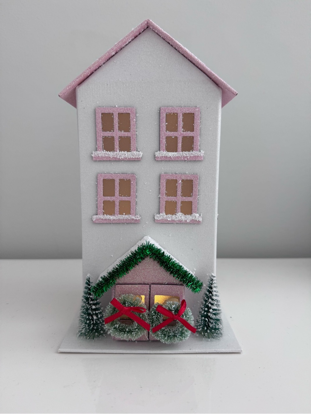 Target Pink and White Holiday Decorative House with Green Accents
